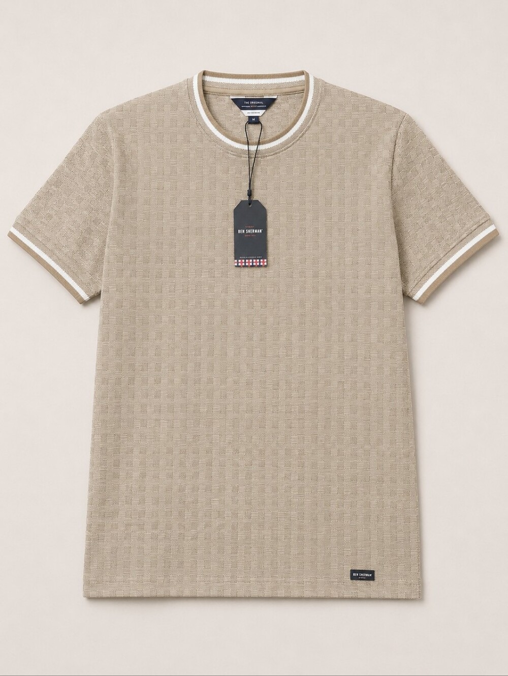 🆕️Ben Sherman Men’s Beige Textured Checkered Crew Neck T-Shirt Large Mod Casual - Picture 2 of 5